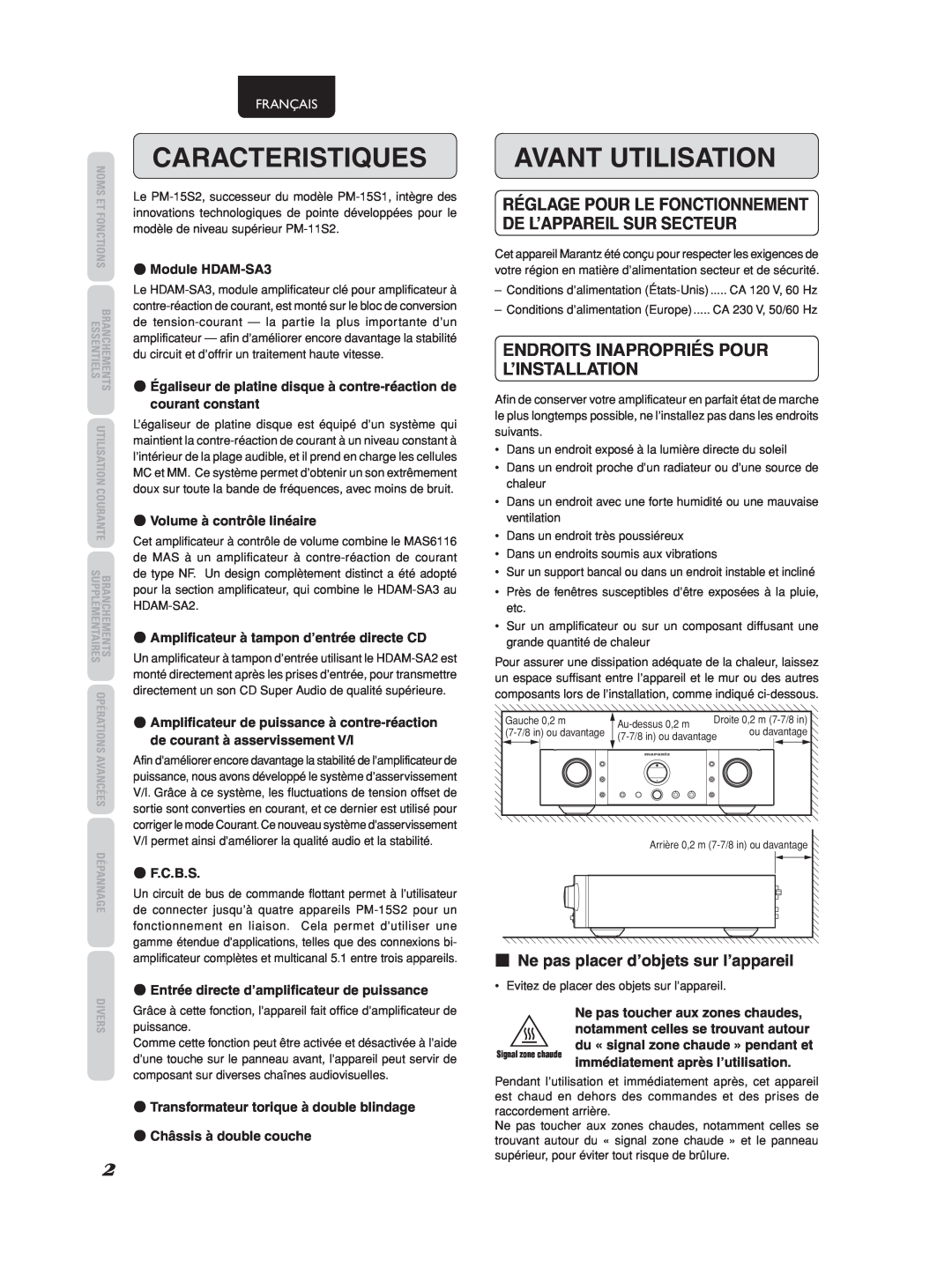 Marantz 541110275035M manual Caracteristiques, Avant Utilisation, 7Ne pas placer d’objets sur l’appareil, Français 