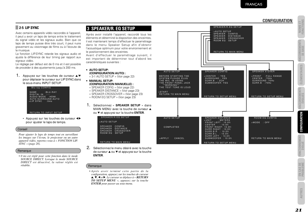 Marantz 541110291020M, NR1501 manual SPEAKER/R. EQ Setup, LIP Sync, Auto Setup Configuration Auto, « 3-1 Auto Setup » Voir 