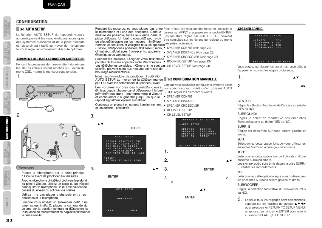 Marantz NR1501, 541110291020M manual Auto Setup, Configuration Manuelle, Speaker Config 