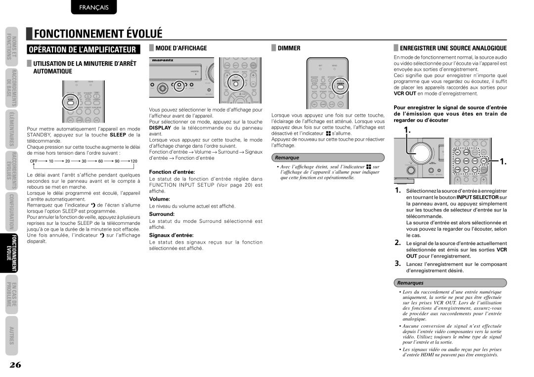 Marantz NR1501 manual Fonctionnement Évolué, Utilisation DE LA Minuterie D’ARRÊT Automatique, Mode D’AFFICHAGE, Dimmer 