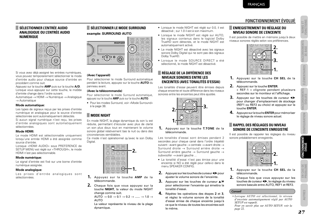 Marantz 541110291020M Sélectionner LE Mode Surround, Mode Night, Enregistrement DU Réglage DU Niveau Sonore DE L’ENCEINTE 