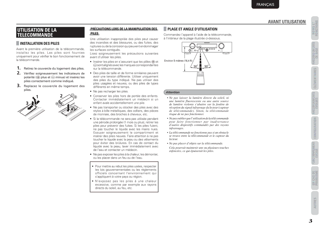 Marantz 541110291020M, NR1501 manual Utilisation DE LA Telecommande, Installation DES Piles, Plage ET Angle D’UTILISATION 