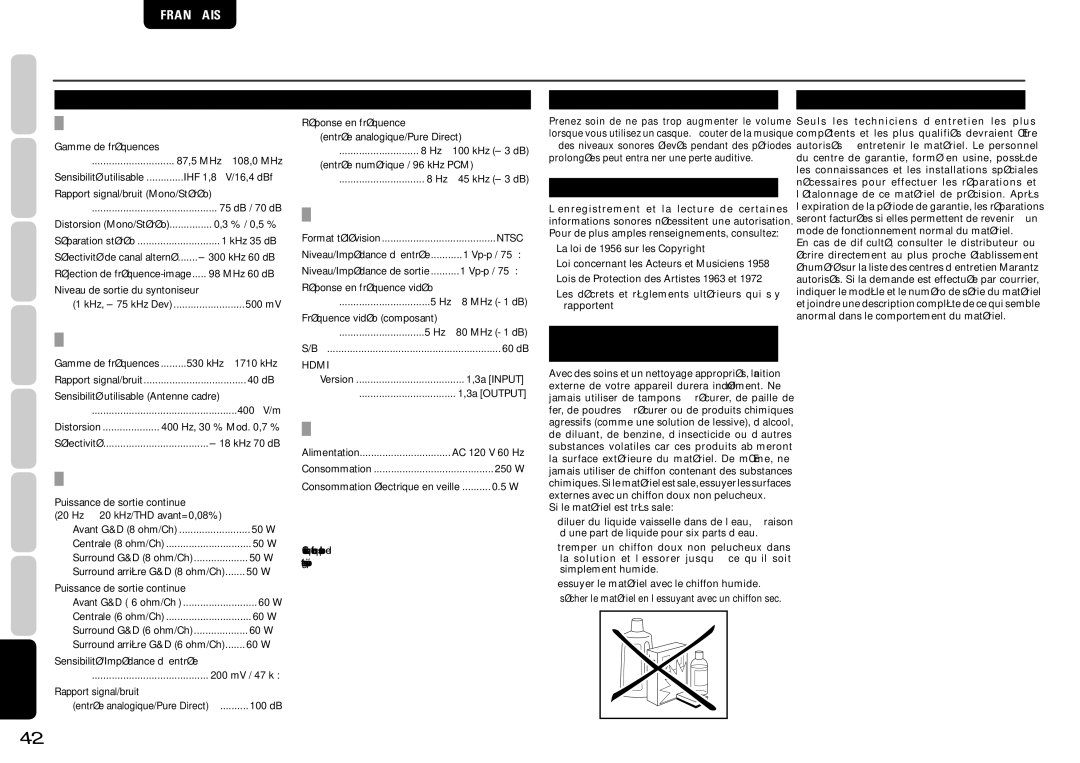 Marantz NR1501 manual Caracteristiques, Utilisation DU Casque, Druits D’AUTEUR, Cleaning of Equipment External Surfaces 