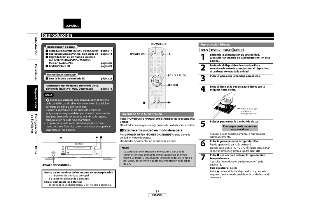 Marantz 541110333221M  Establecer la unidad en modo de espera, BD-V DVD-V DVD-VR Avchd, Encendido de la Alimentación 