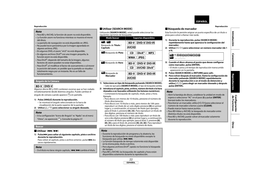 Marantz 541110333221M manual Bd-V Dvd-V,  Utilizar H / G,  Utilizar Search Mode, Avchd,  Búsqueda de marcador 