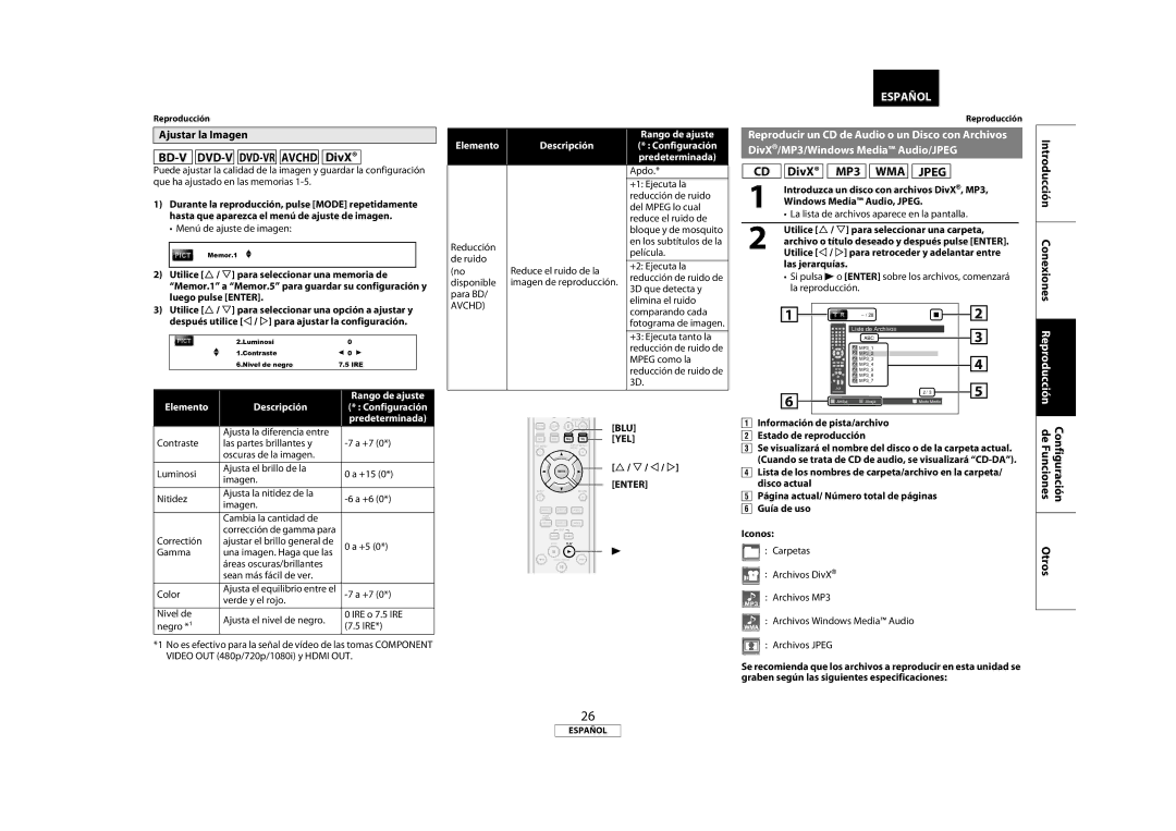 Marantz 541110333221M manual CD DivX MP3 WMA Jpeg, Ajustar la Imagen, Elemento Descripción Rango de ajuste, Predeterminada 