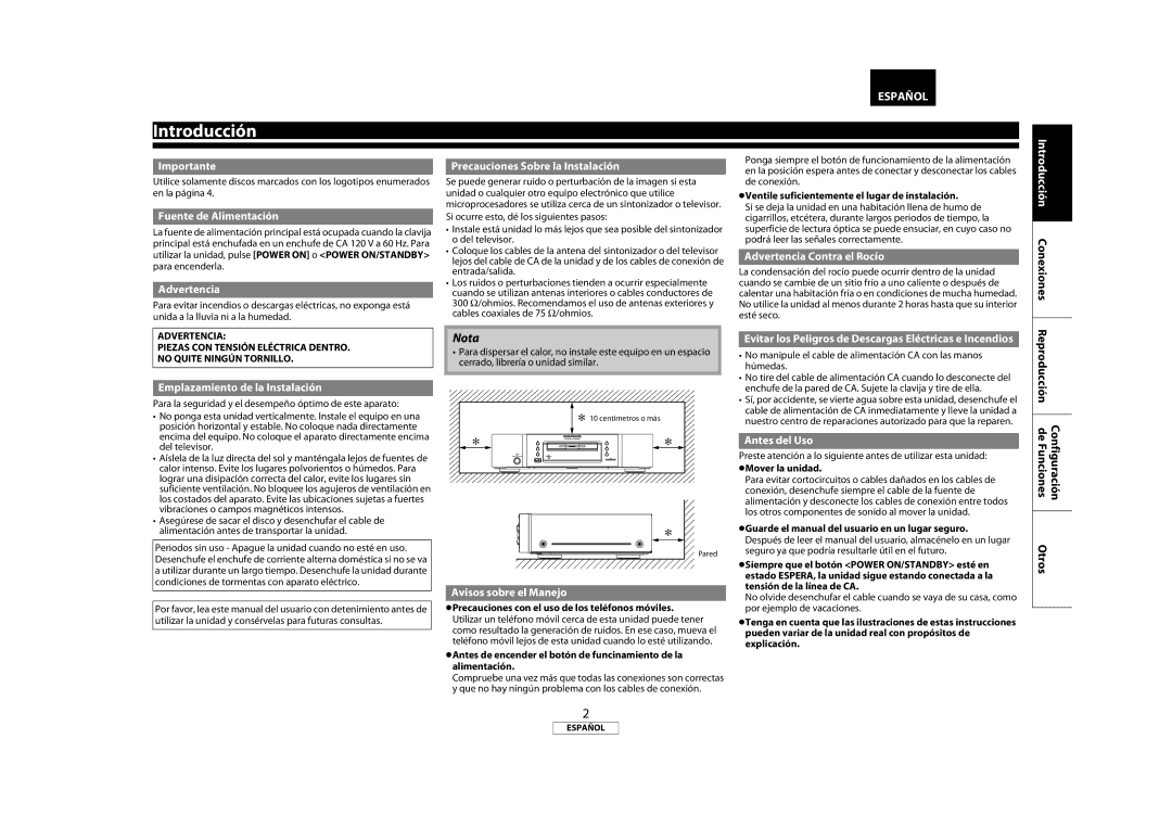 Marantz 541110333221M Importante, Fuente de Alimentación, Advertencia, Precauciones Sobre la Instalación, Antes del Uso 