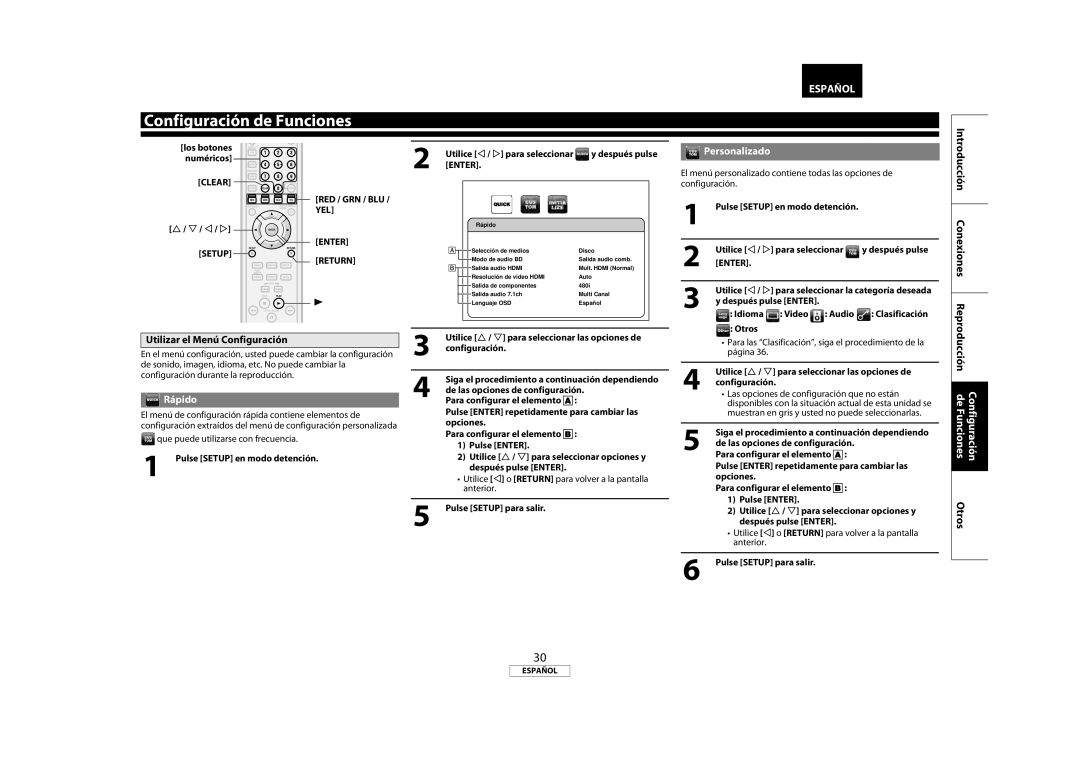 Marantz 541110333221M manual Utilizar el Menú Configuración, Rápido, Personalizado 