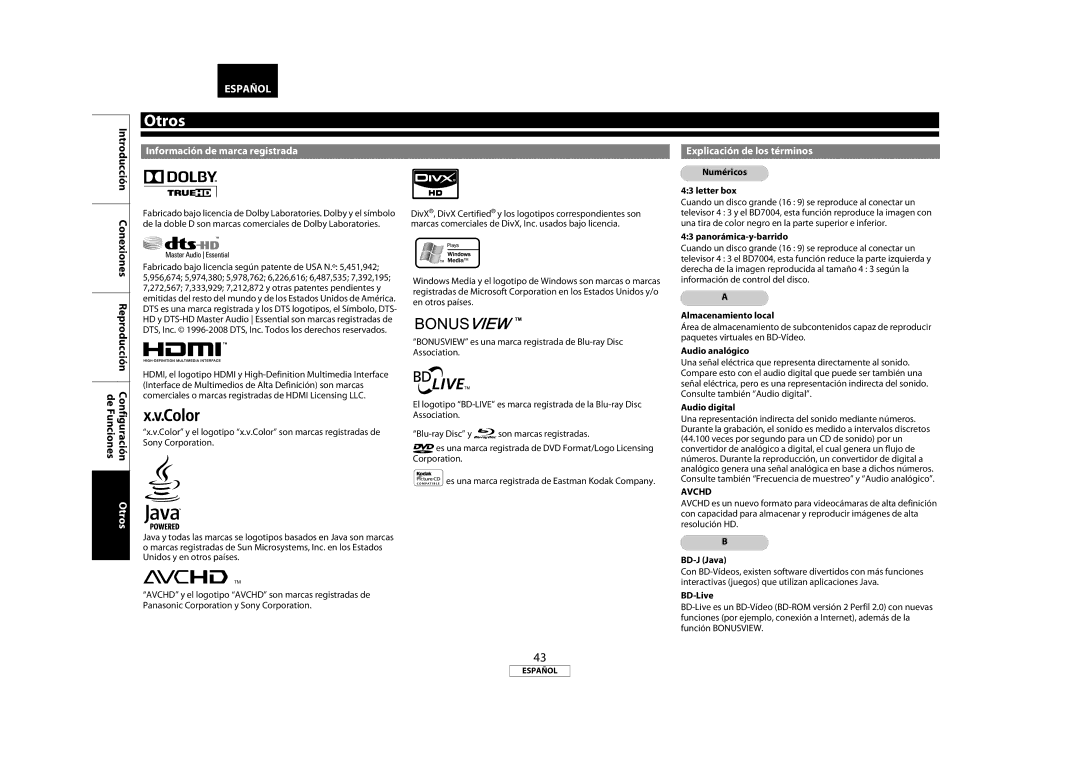 Marantz 541110333221M manual Información de marca registrada Explicación de los términos 