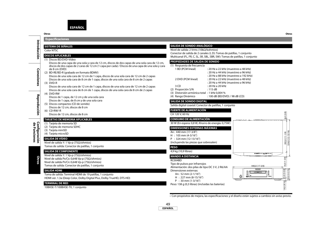 Marantz 541110333221M manual Especificaciones 