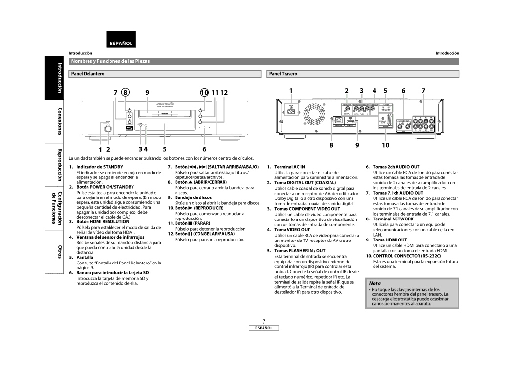 Marantz 541110333221M manual Introducción Conexiones Reproducción, Nombres y Funciones de las Piezas, Panel Delantero 