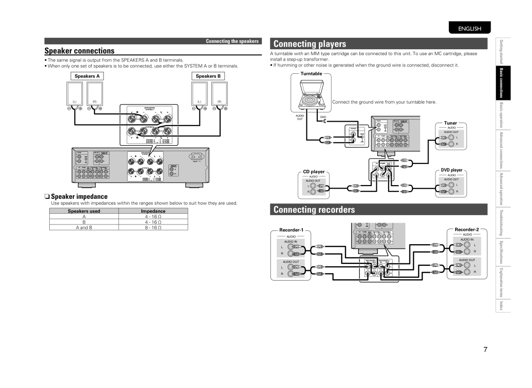 Marantz 541110491028M, PM8004 manual Connecting players, Connecting recorders, Speaker connections, NnSpeaker impedance 