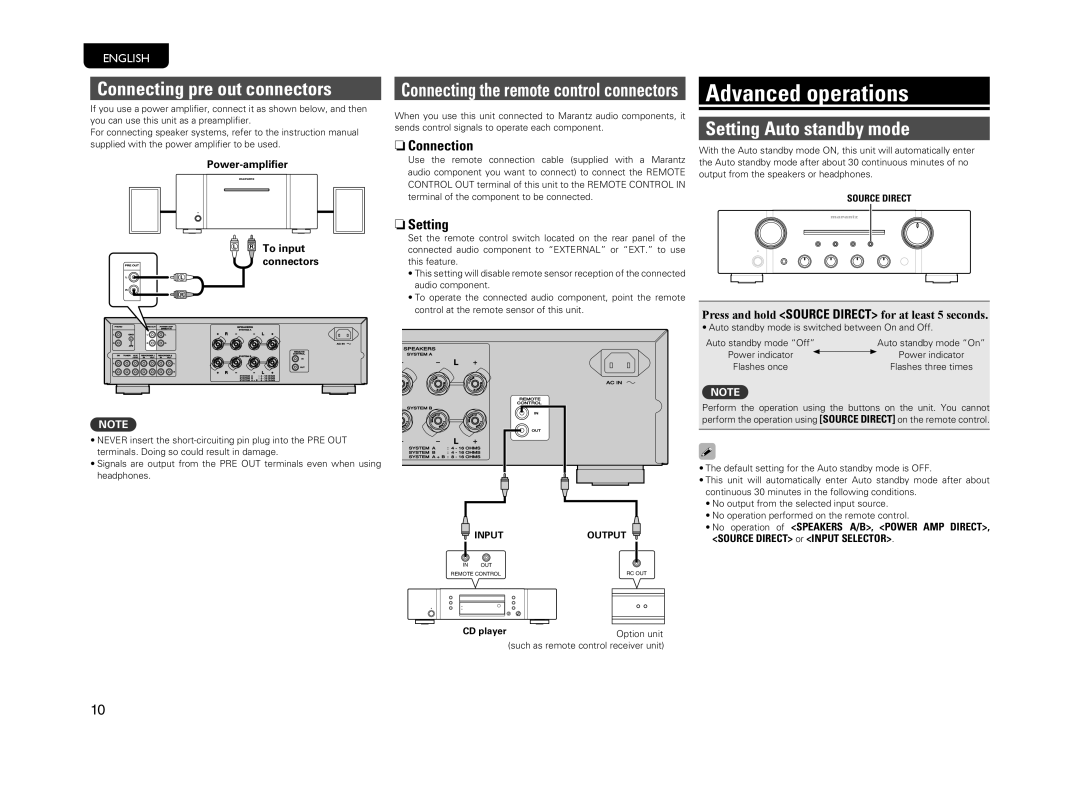 Marantz PM8004 Advanced operations, Connecting pre out connectors, Setting Auto standby mode, NnConnection, NnSetting 