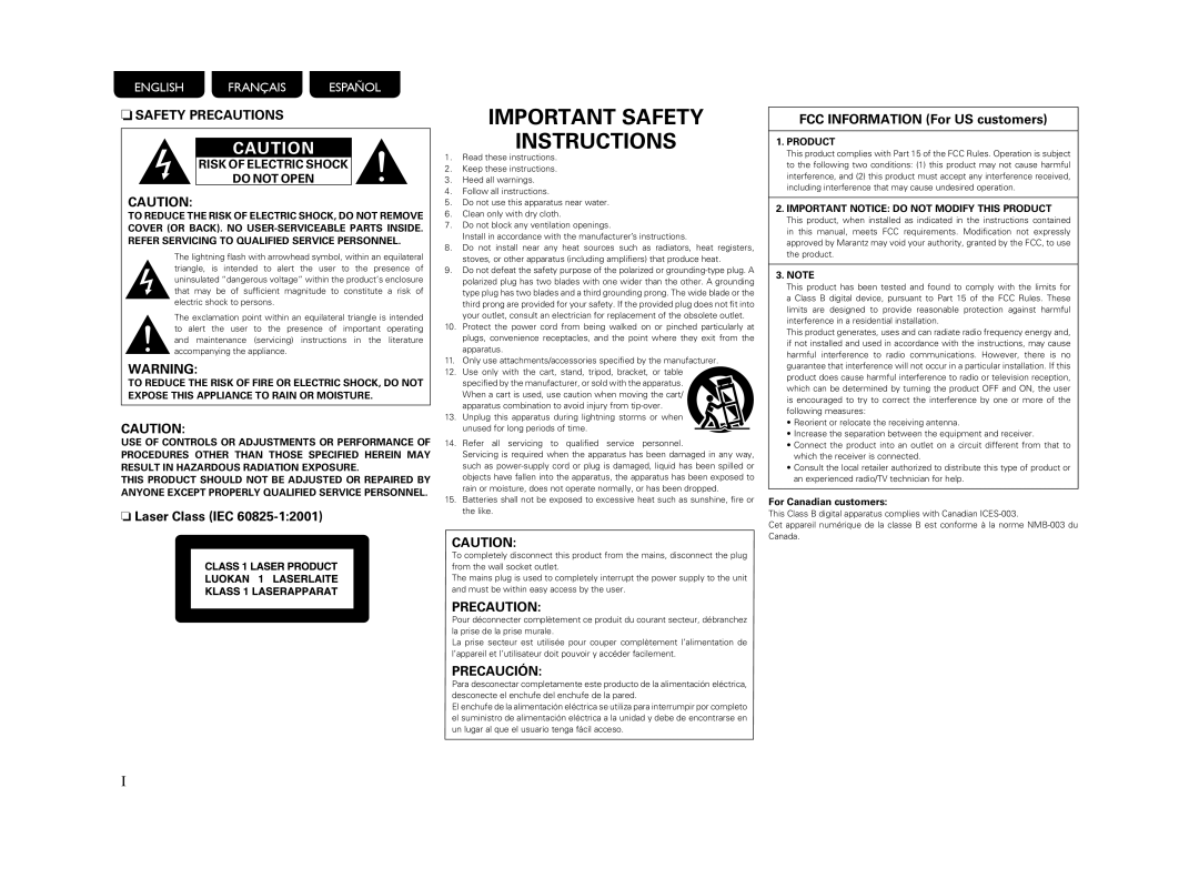 Marantz 541110510028M manual NSAFETY Precautions, For Canadian customers 