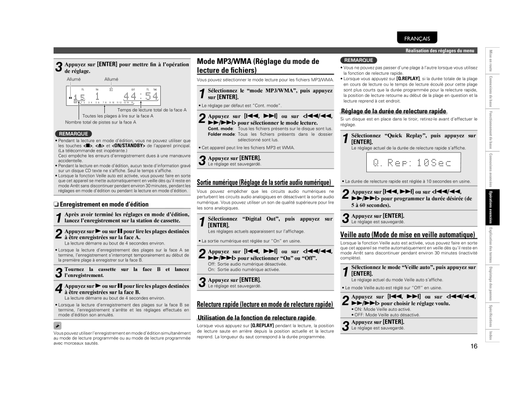 Marantz 541110510028M manual Mode MP3/WMA Réglage du mode de lecture de ﬁchiers, NEnregistrement en mode d’édition 