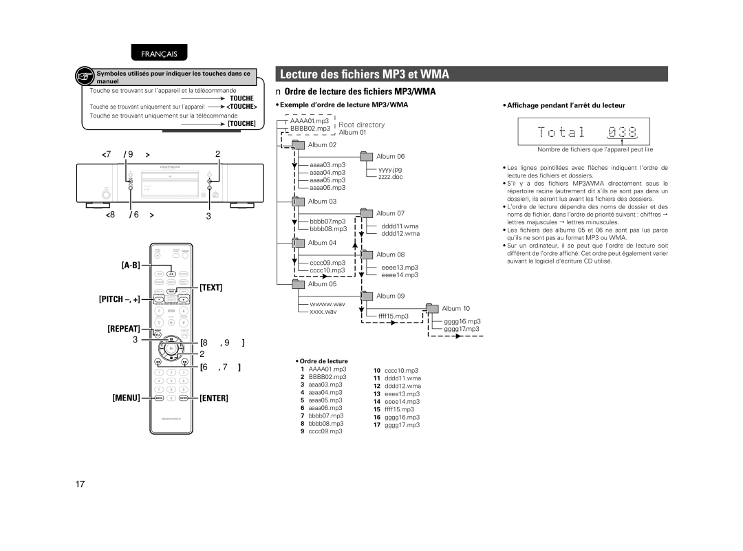 Marantz 541110510028M manual NOrdre de lecture des ﬁchiers MP3/WMA, Exemple d’ordre de lecture MP3/WMA, Pitch -, + 