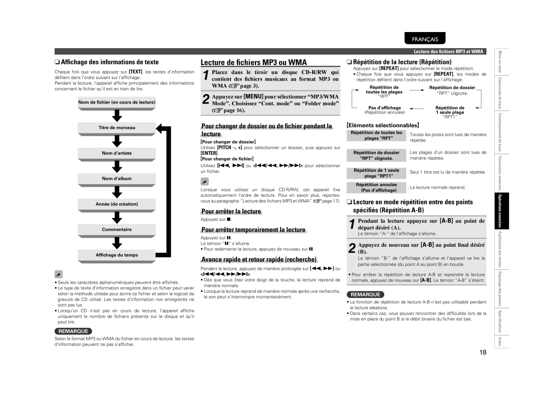 Marantz 541110510028M manual Lecture de ﬁchiers MP3 ou WMA, NAfﬁchage des informations de texte 