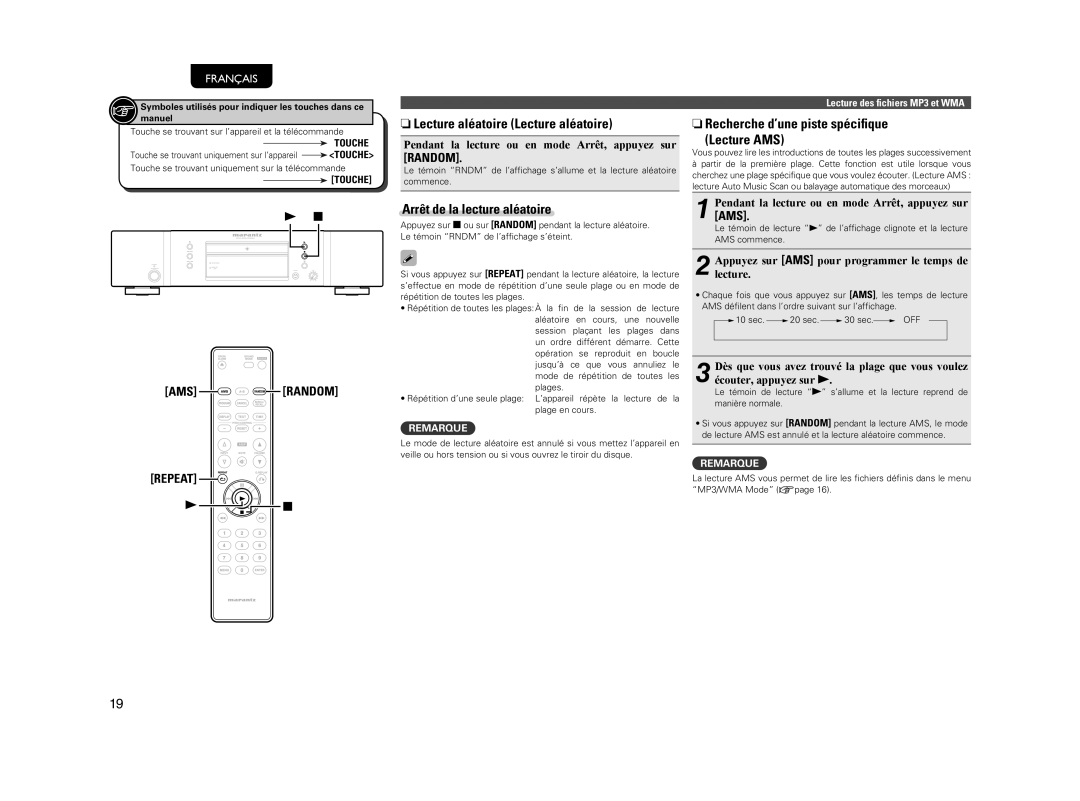 Marantz 541110510028M manual NLecture aléatoire Lecture aléatoire, NRecherche d’une piste spéciﬁque Lecture AMS 