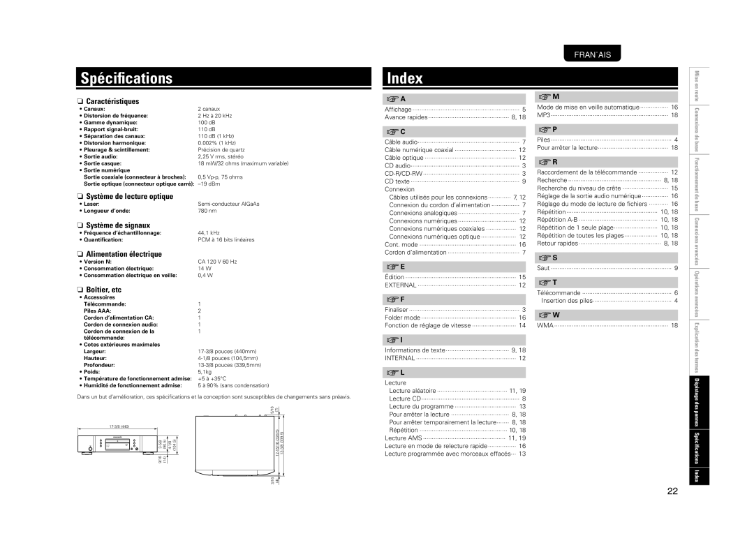 Marantz 541110510028M manual Spéciﬁcations, Index 