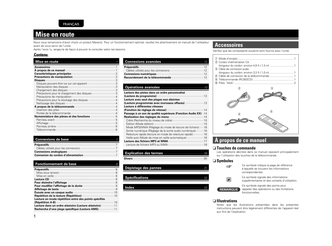 Marantz 541110510028M manual Mise en route, Accessoires, Propos de ce manuel 