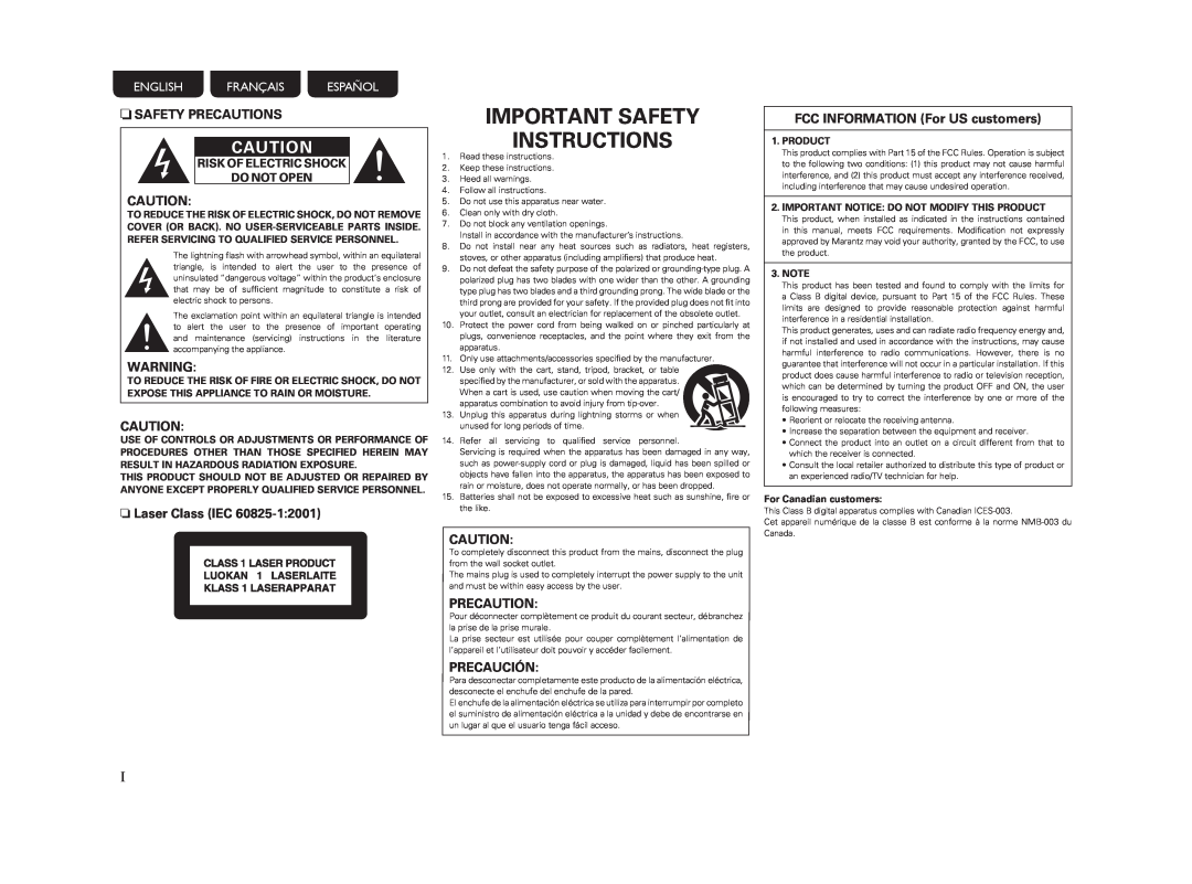 Marantz 541110510028M manual Important Safety Instructions, nSAFETY PRECAUTIONS, n Laser Class IEC, Precaution, Precaución 