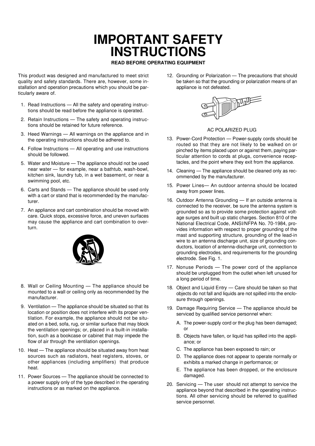 Marantz 6000 manual Important Safety Instructions 