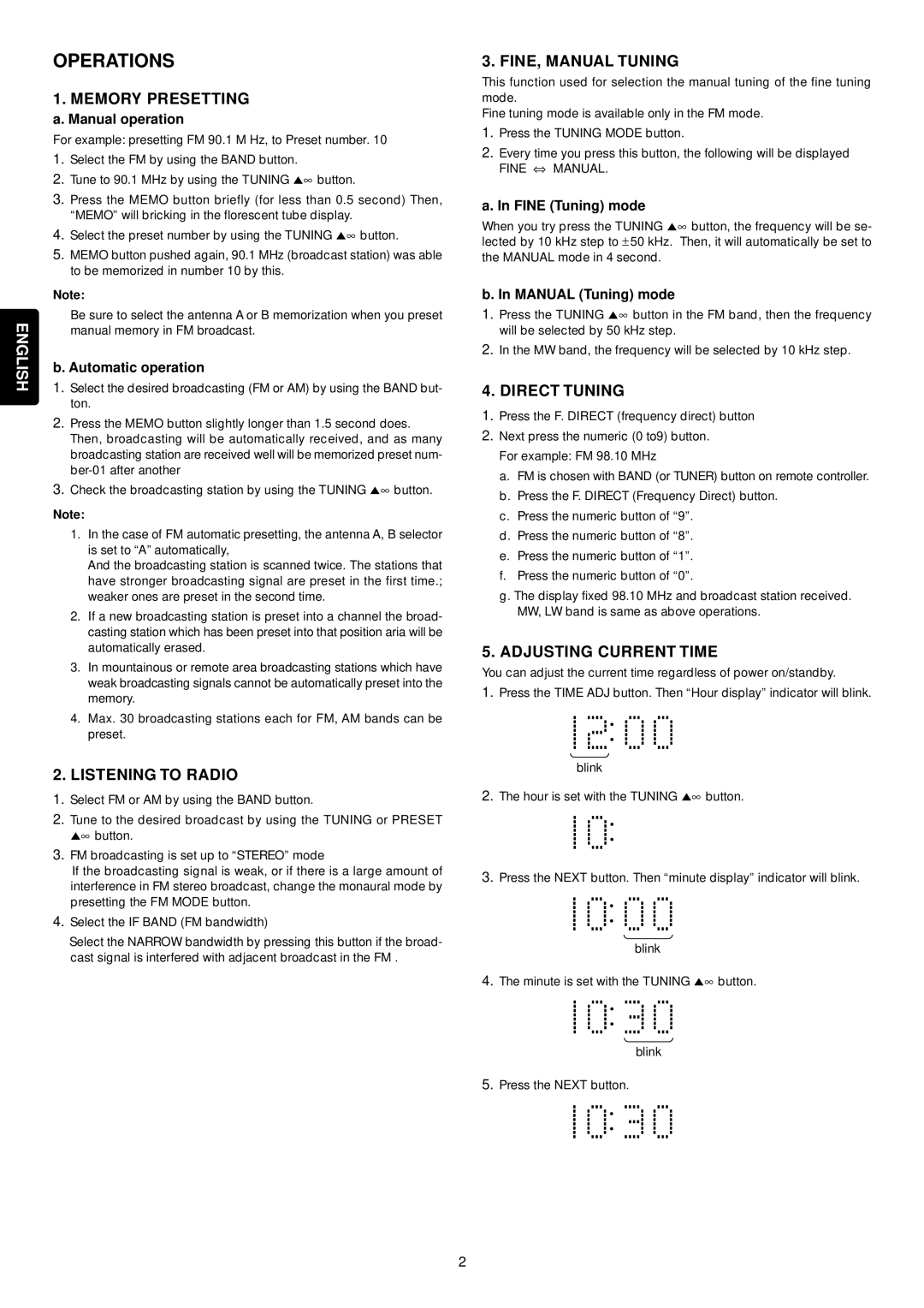 Marantz 6000 manual Operations, Listening to Radio, FINE, Manual Tuning, Direct Tuning, Adjusting Current Time 