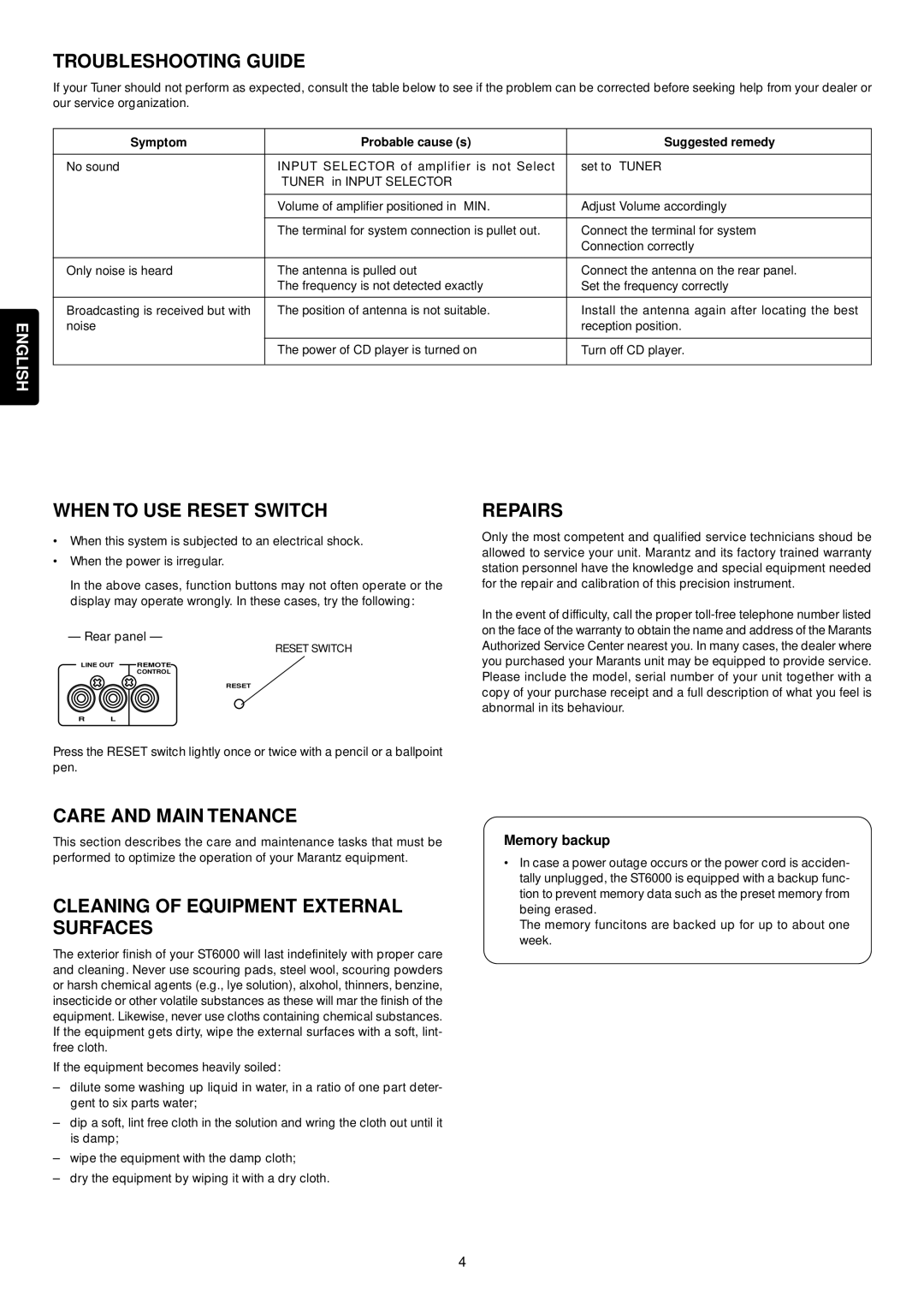 Marantz 6000 manual Troubleshooting Guide, When to USE Reset Switch, Care and Main Tenance, Repairs 