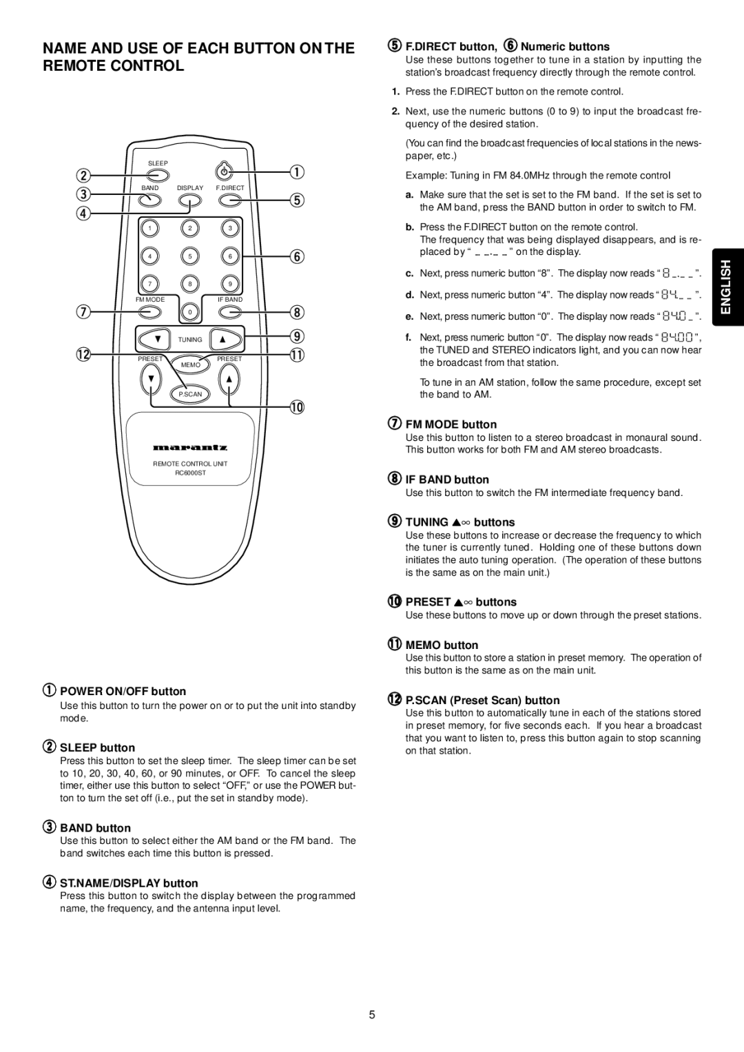 Marantz 6000 manual Name and USE of Each Button on the Remote Control 