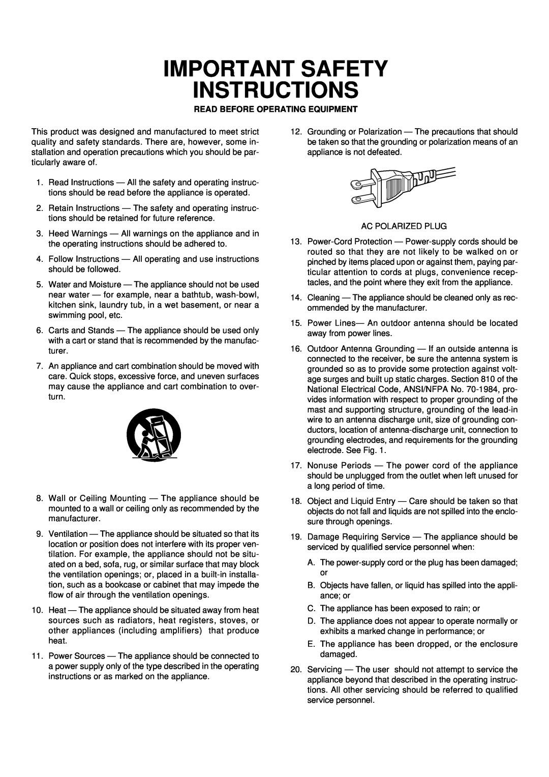 Marantz 6000 manual Important Safety Instructions, Read Before Operating Equipment 