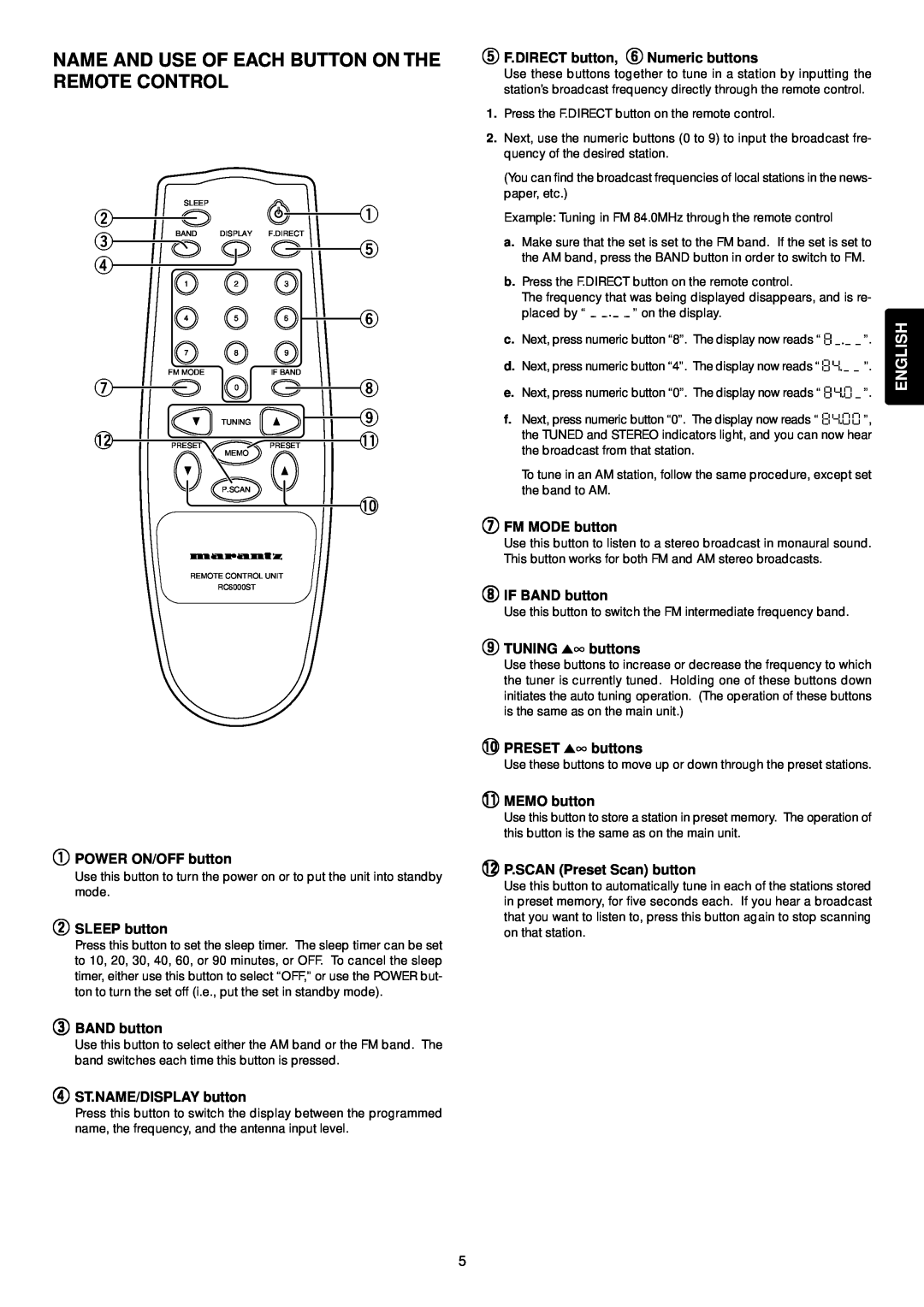 Marantz 6000 manual Name And Use Of Each Button On The Remote Control 
