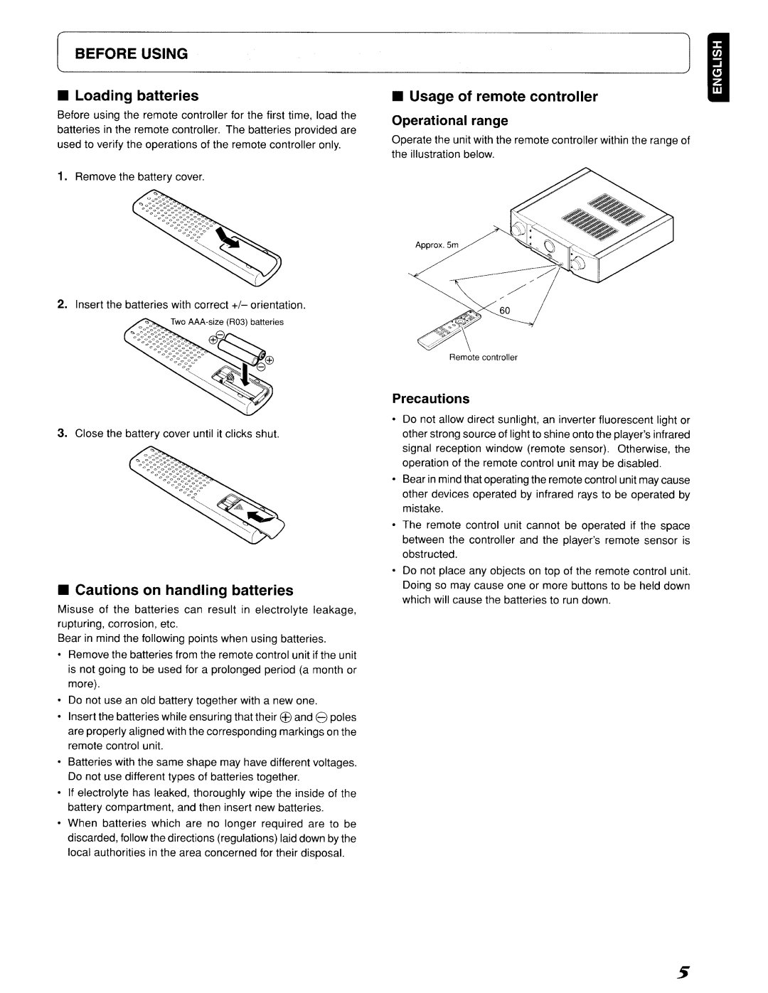 Marantz SC-11S1, 642SC11S1 manual Loading batteries, Usage of remote controller, Operational range, Precautions 