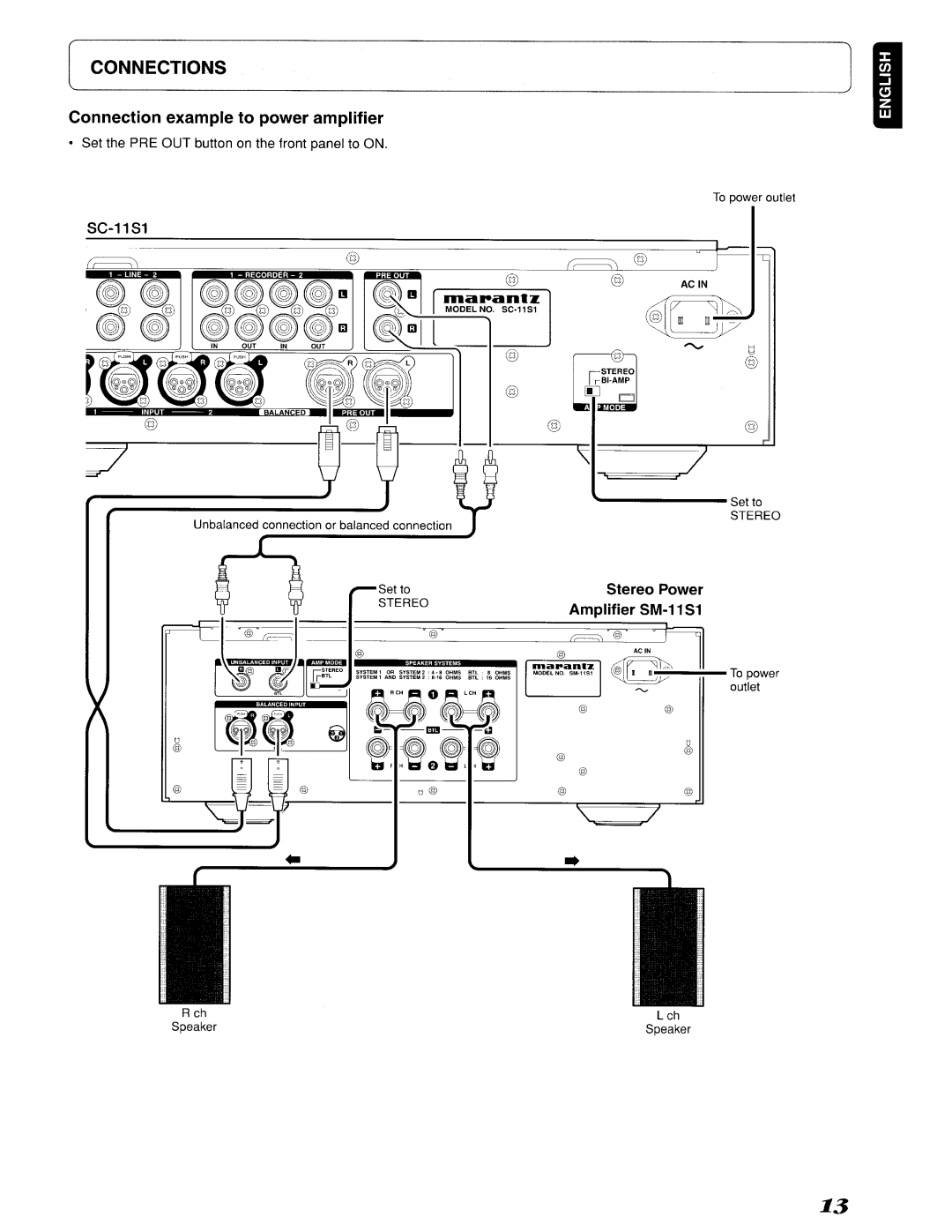 Marantz SC-11S1, 642SC11S1 manual ~Connections, Connection example to power amplifier 