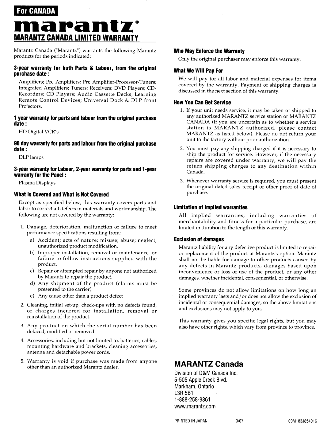 Marantz 642SC11S1, SC-11S1 What is Covered and What is Not Covered, Who May Enforce the Warranty, What We Will Pay For 