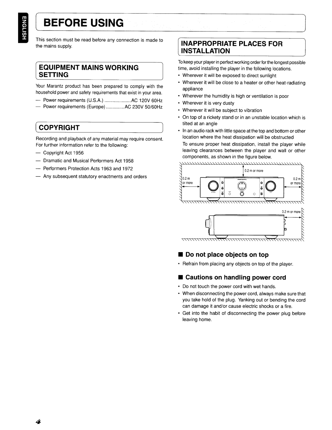 Marantz 642SC11S1, SC-11S1 manual Equipment Mains Working Setting, Copyright, Inappropriate Places For Installation, o 0 goo 