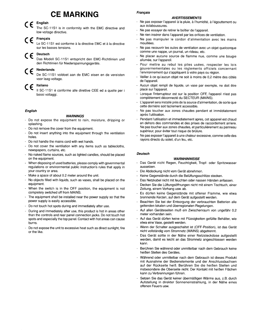 Marantz SC-11S1 manual Ce Marking, Warnings, Frangais AVERTISSEMENTS, Warnhinweise, CE English, CE Deutsch, CE: Nederlands 