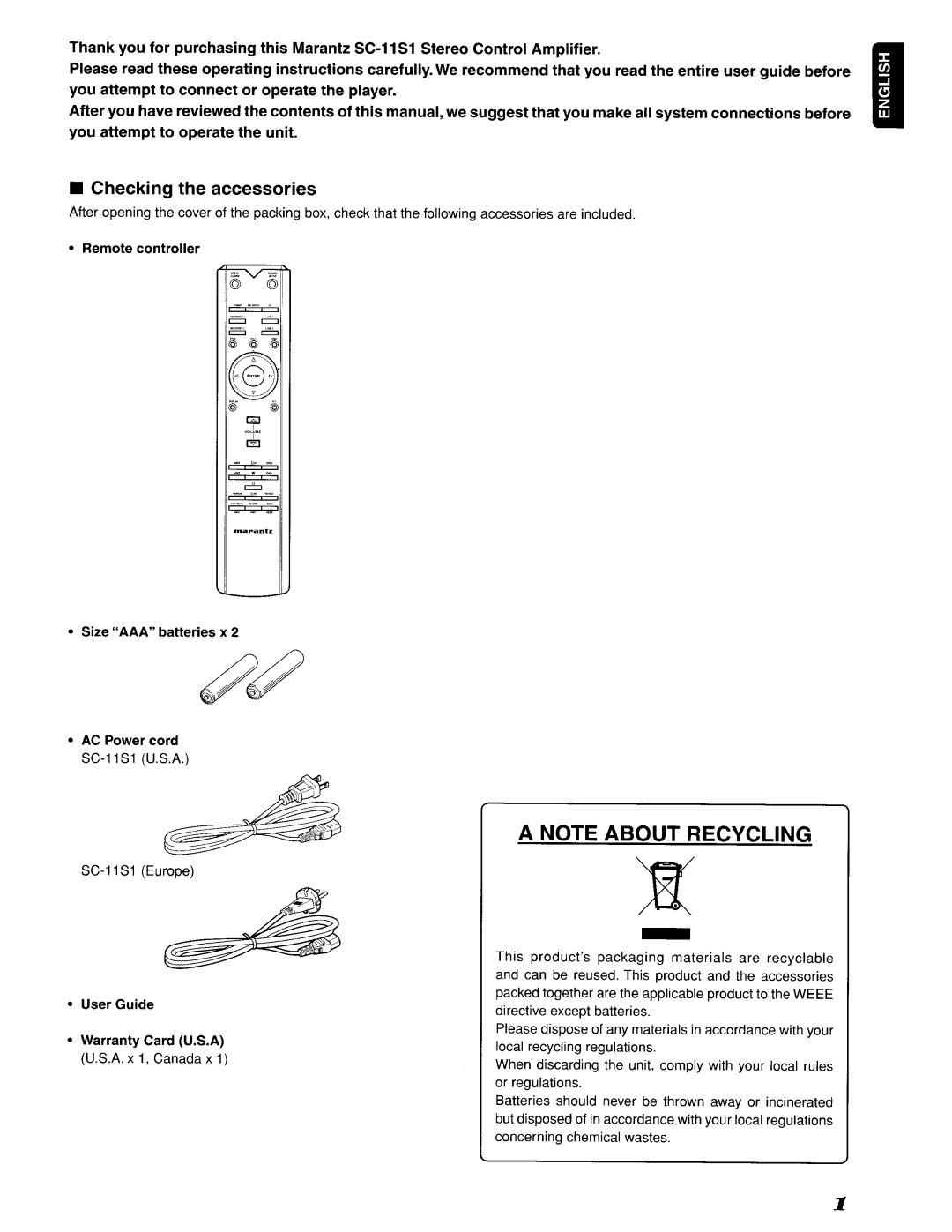 Marantz SC-11S1, 642SC11S1 manual A Note About Recycling, Checking the accessories 