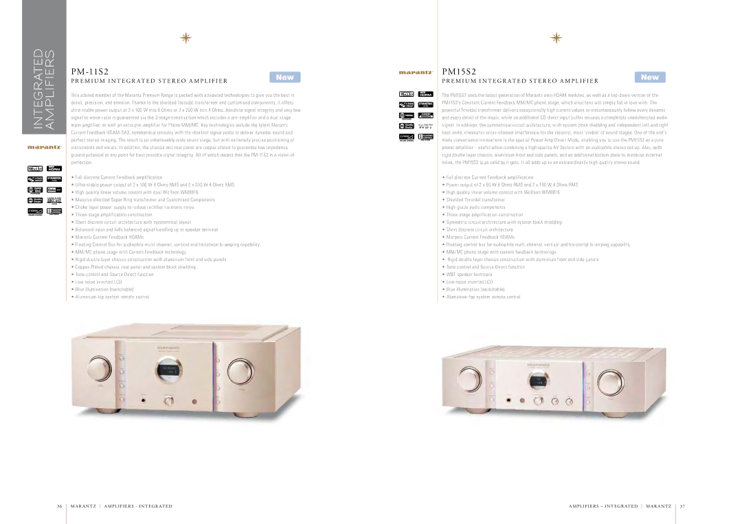 Marantz AV7005 manual Integrated Amplifiers, PM-11S2, PM15S2, E M I U M I N T E G R AT E D S T E R E O a M P L I F I E R 