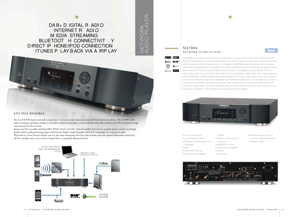 Marantz AV7005 manual NA7004, T W O R K AU D I O P L a Y E R, VTuner Internet radio CS4398 