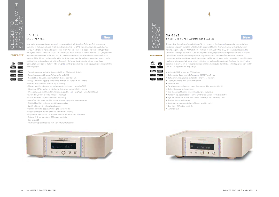 Marantz AV7005 manual Sacd / CD Players, SA11S2, SA-15S2, E M I U M S U P E R AU D I O C D P L a Y E R 