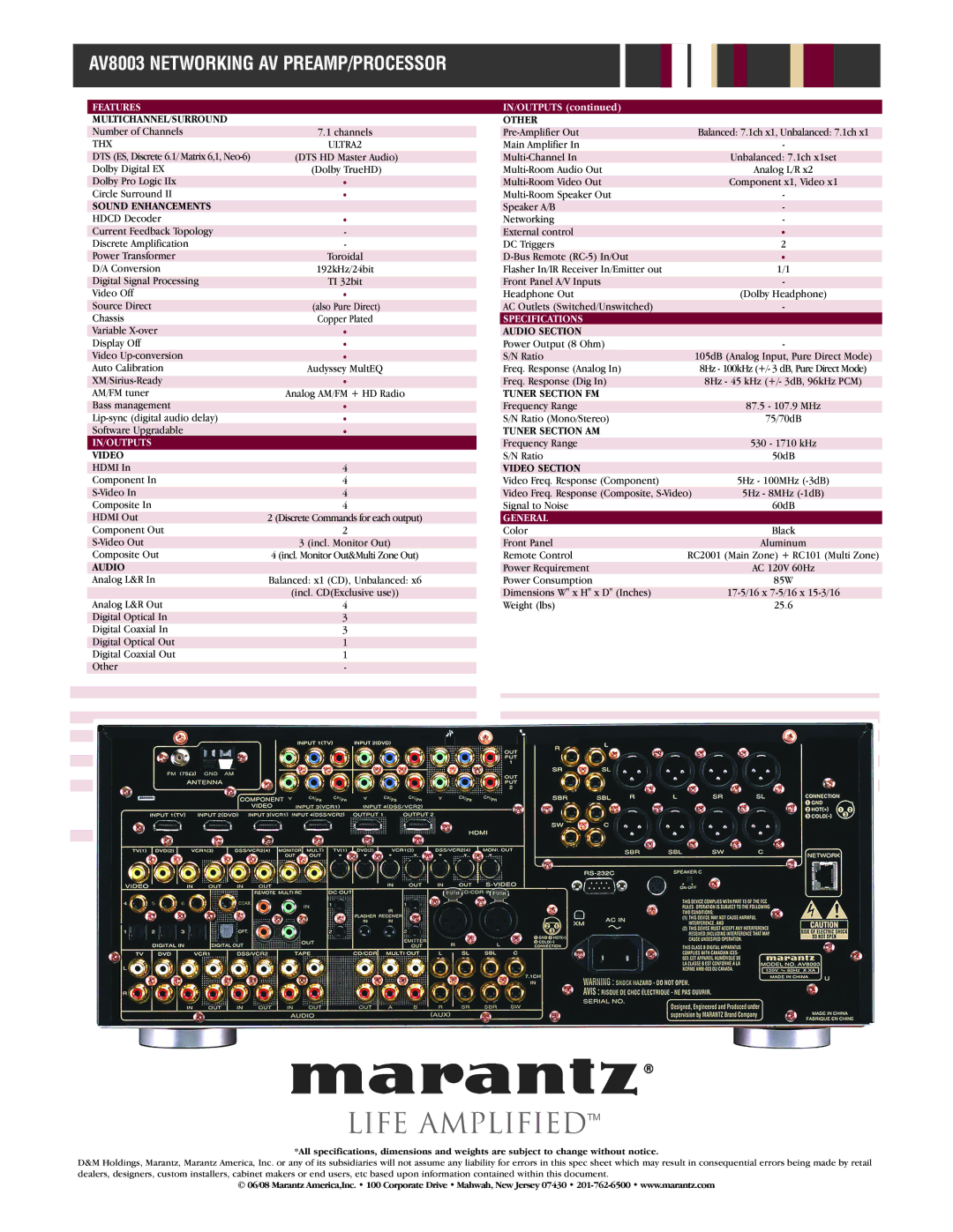 Marantz manual AV8003 Networking AV PREAMP/PROCESSOR, In/Outputs, Specifications, General 