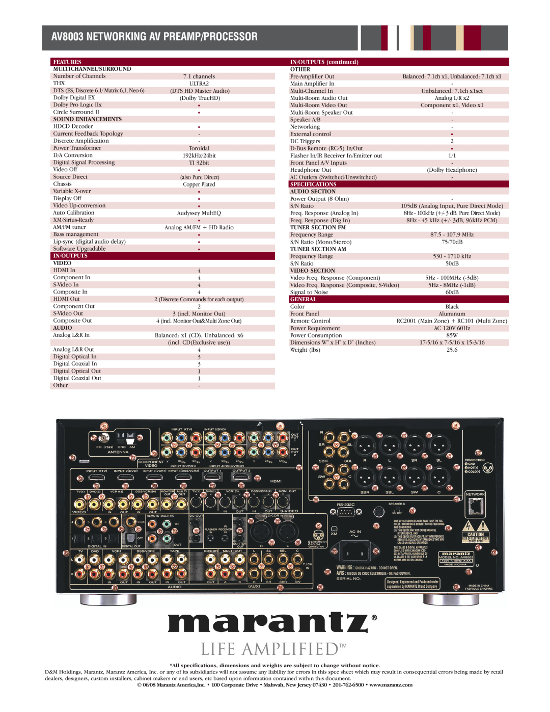 Marantz AV8003 NETWORKING AV PREAMP/PROCESSOR, Life Amplifiedtm, Sound Enhancements, In/Outputs, Video, Audio, Other 