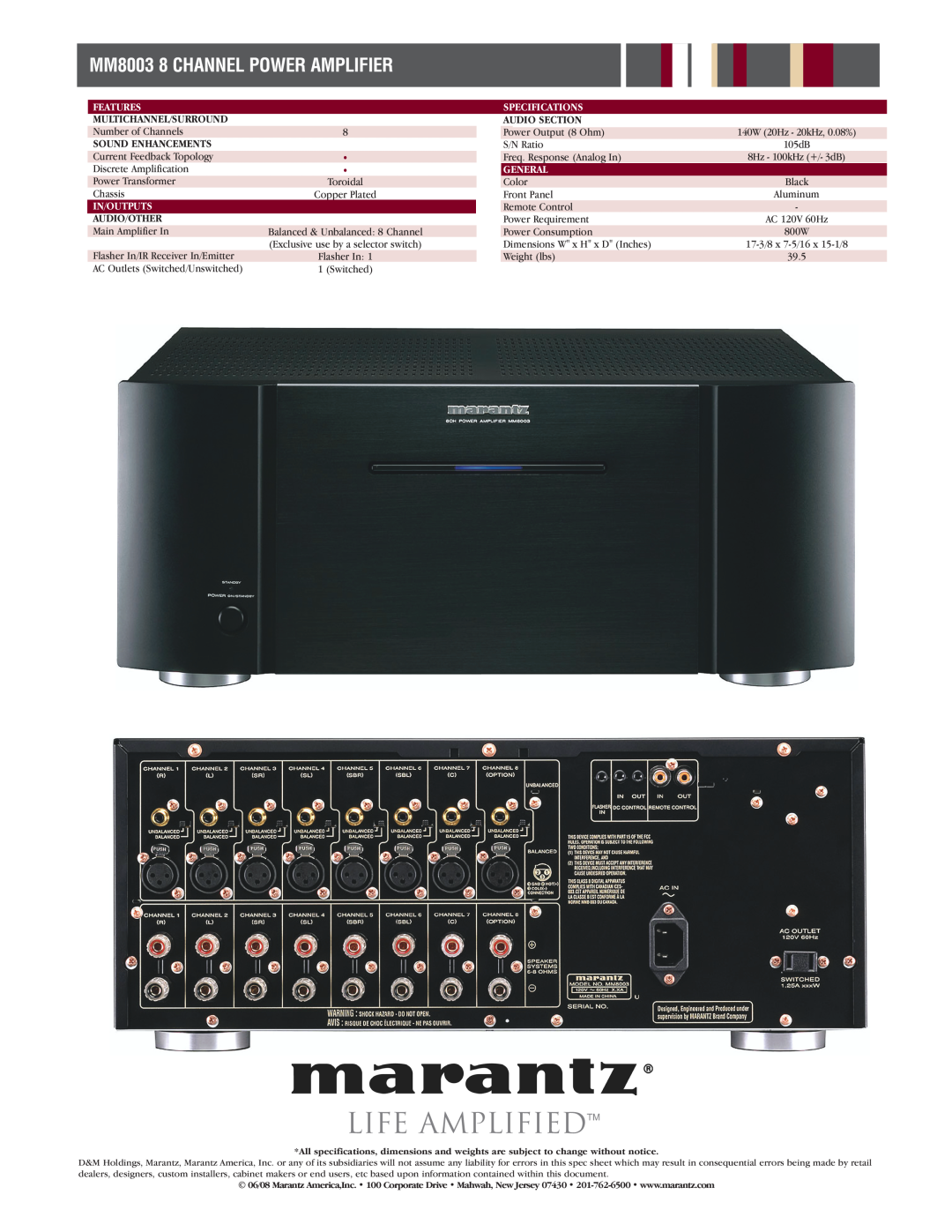 Marantz AV8003 manual MM8003 8 CHANNEL POWER AMPLIFIER, Life Amplifiedtm, Features, Specifications, Multichannel/Surround 
