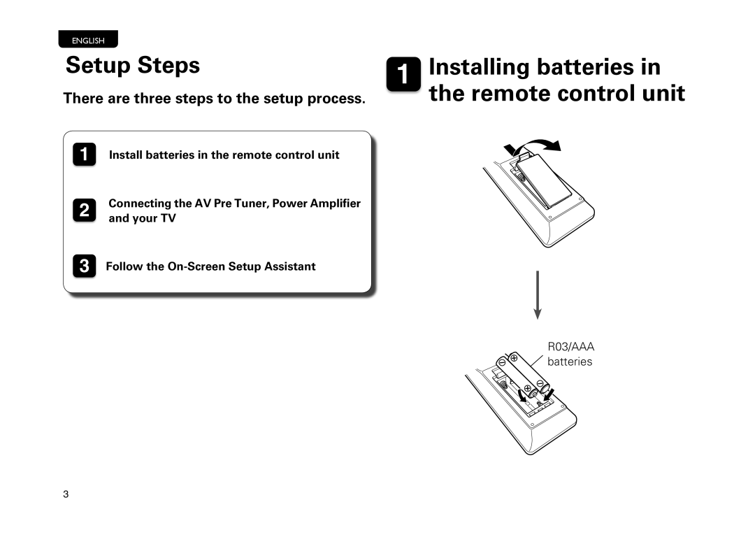 Marantz AV8801 manual Setup Steps Installing batteries, Remote control unit, There are three steps to the setup process 