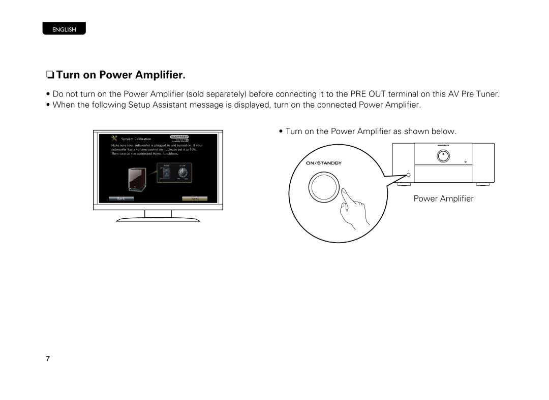 Marantz AV8801 manual NTurn on Power Ampliﬁer, Speaker Calibration 