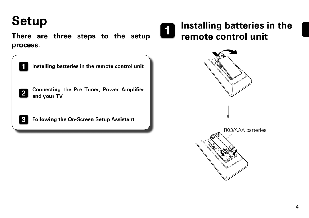 Marantz AV8802 quick start Setup, Installing batteries in the remote control unit 