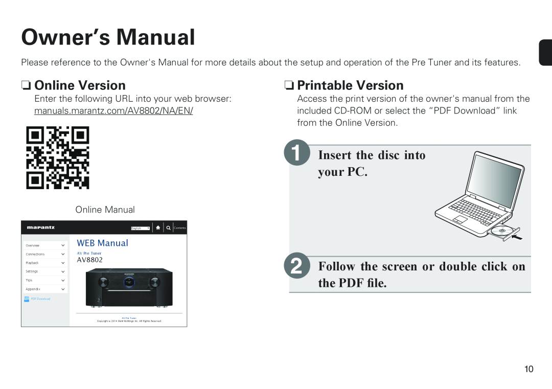 Marantz AV8802 quick start nnOnline Version, Insert the disc into your PC, nnPrintable Version, WEB Manual 