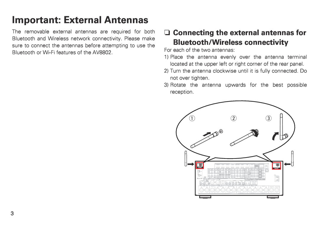 Marantz AV8802 Important External Antennas, nn Connecting the external antennas for, Bluetooth/Wireless connectivity 