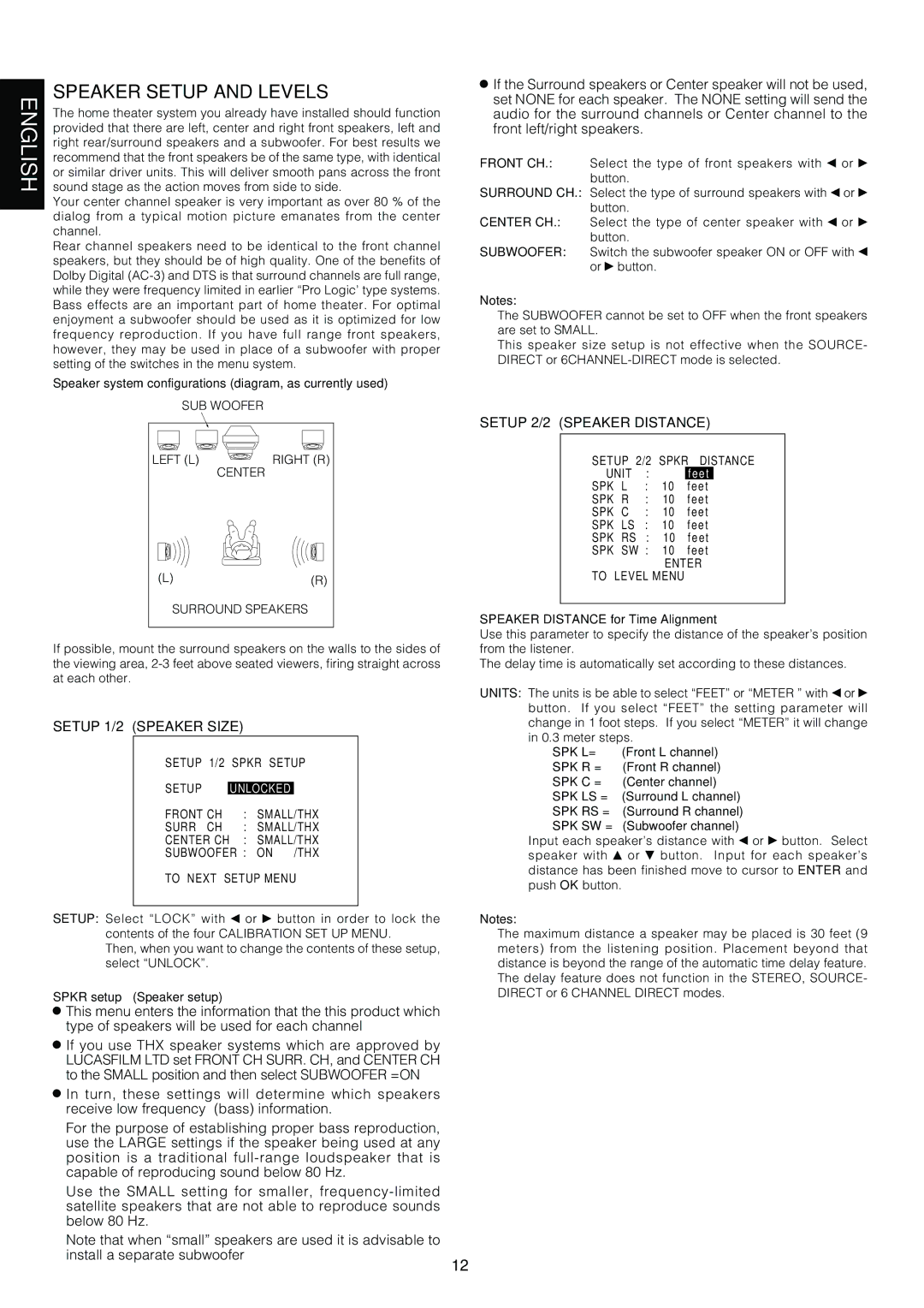 Marantz AV9000 manual Speaker Setup and Levels, Setup 1/2 Speaker Size, Setup 2/2 Speaker Distance 