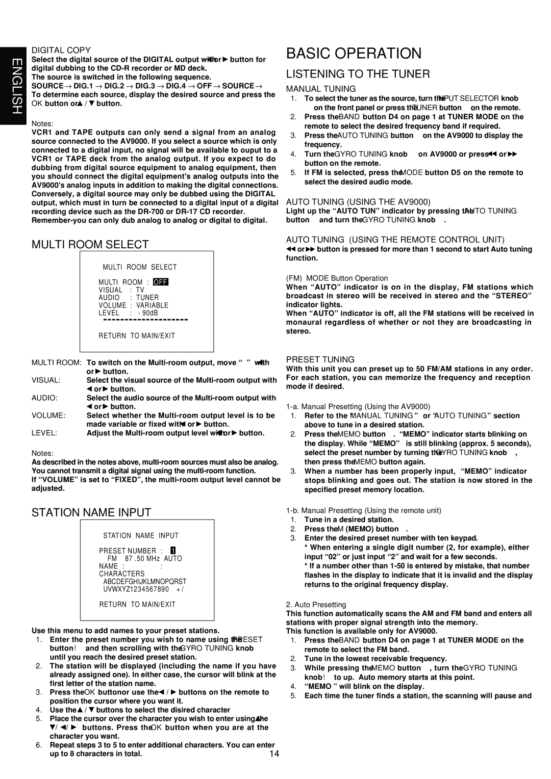 Marantz AV9000 manual Basic Operation, Listening to the Tuner, Multi Room Select, Station Name Input 